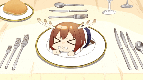 a girl with antlers is laying on a white plate