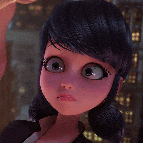 a close up of a cartoon girl with blue eyes and black hair smiling