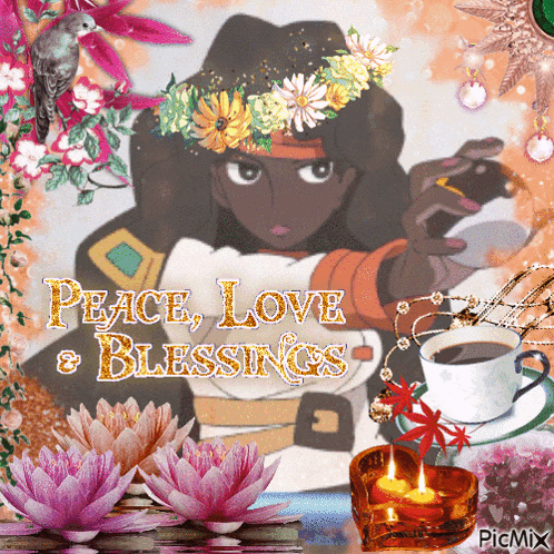 a picture of a girl with flowers on her head and the words peace love and blessings on the bottom