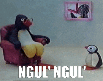 a cartoon penguin is sitting in a chair next to another penguin and the words ngul ngul are visible