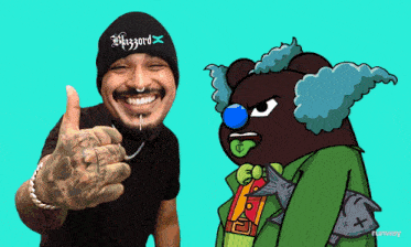 a man wearing a beanie that says whazord giving a thumbs up next to a cartoon character