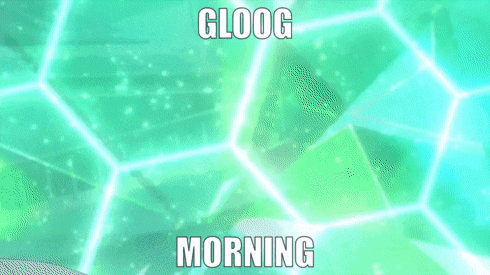 a blue cartoon character with the words gloog morning written above it