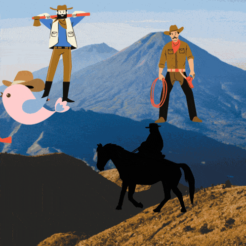 a group of cowboys are standing on top of a mountain with a pink flamingo