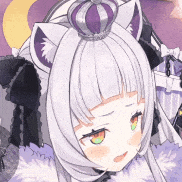 a girl with white hair and purple ears has a purple crown on her head
