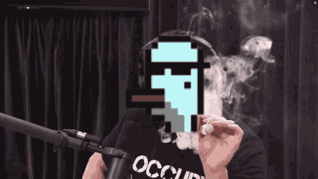 a man smoking a cigarette in front of a pixelated face that says occupy