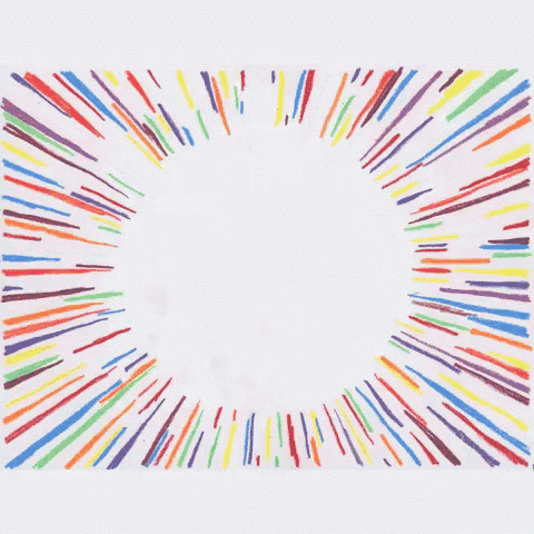 a drawing of rainbow colored lines on a white background with a circle in the middle