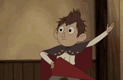 a cartoon character from over the garden wall is wearing a cape and holding a sword .