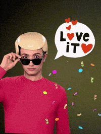 a man wearing sunglasses and a fake bald head with a love it speech bubble above him
