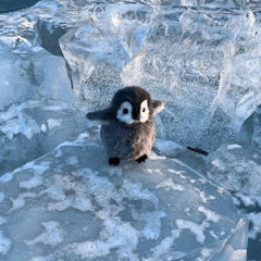 a stuffed penguin sits on a pile of ice