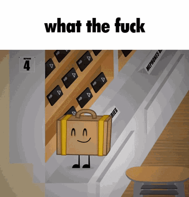 a cartoon of a suitcase with a face and the words what the fuck above it