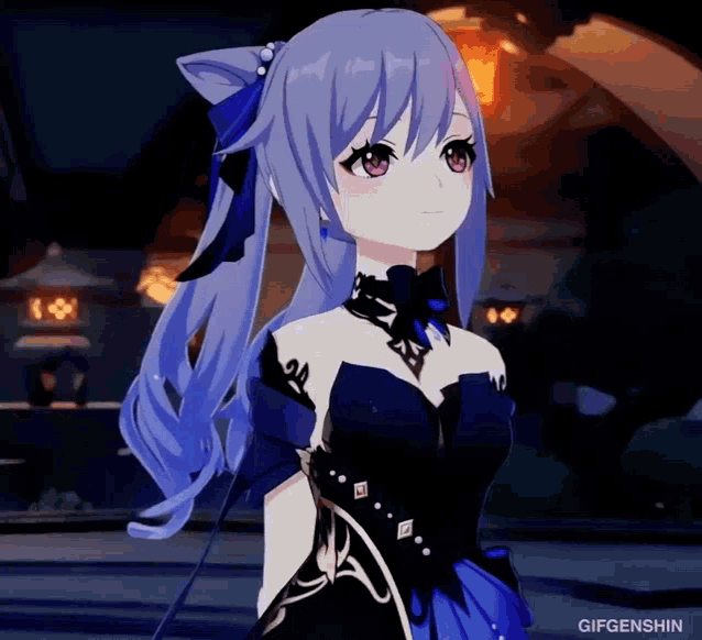 a girl with purple hair and pink eyes is wearing a blue dress ..