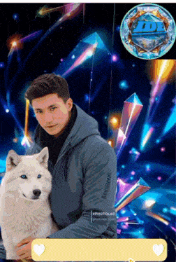 a man in a grey jacket holds a white dog in his arms