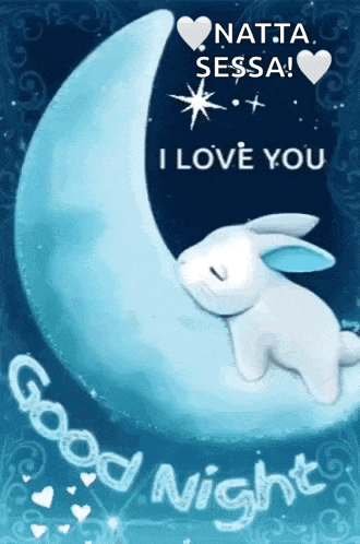 a rabbit is sleeping on a crescent moon with the words " good night " below it