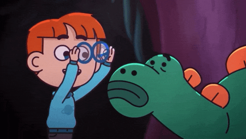 a cartoon character looking through binoculars next to a dinosaur