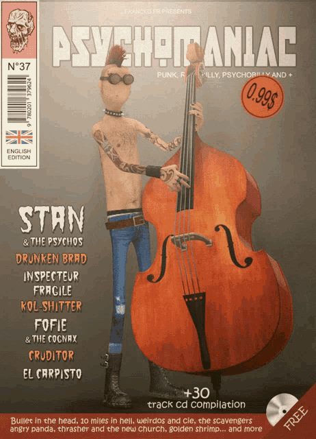 the cover of a magazine called psych maniac with a man playing a double bass