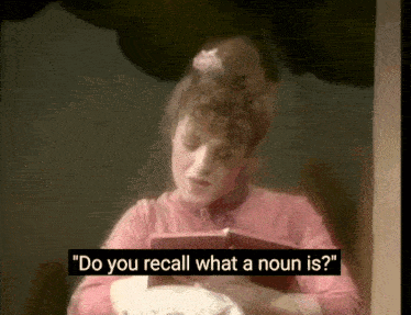 a woman in a pink shirt is reading a book and asking " do you recall what a noun is "