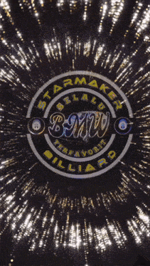 a logo for bmw billiards is surrounded by a burst of lights