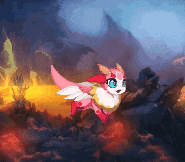 a pink and white cartoon character with horns and wings is flying through the air