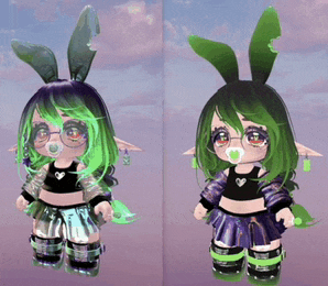 a girl with green hair and bunny ears is wearing glasses