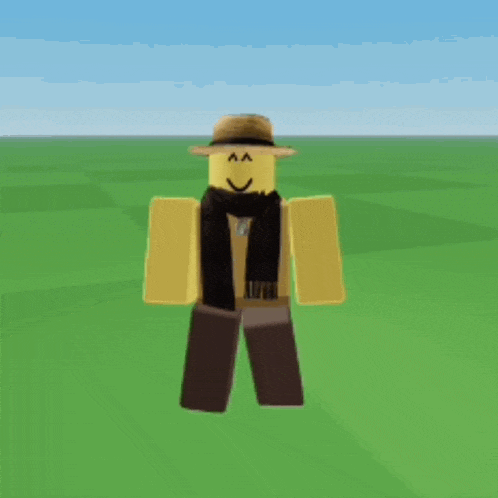 a roblox character wearing a hat and scarf stands in a field