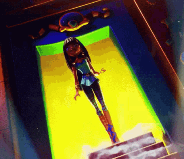 a monster high doll is standing on a set of stairs in a dark room
