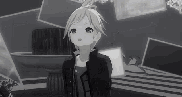 a black and white photo of a anime character with a surprised look on his face