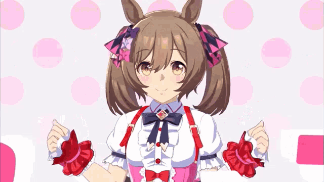 a girl with brown hair is wearing a pink and white outfit