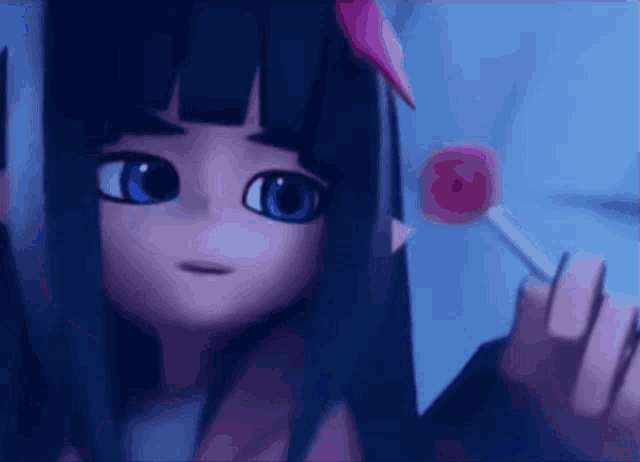 a girl with long black hair and blue eyes is holding a lollipop .