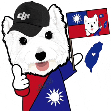 a dog wearing a dji hat is holding a flag