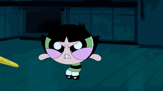 a close up of a cartoon character 's face with a purple nose and green striped pants .