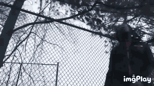 a person is standing in front of a chain link fence with trees in the background
