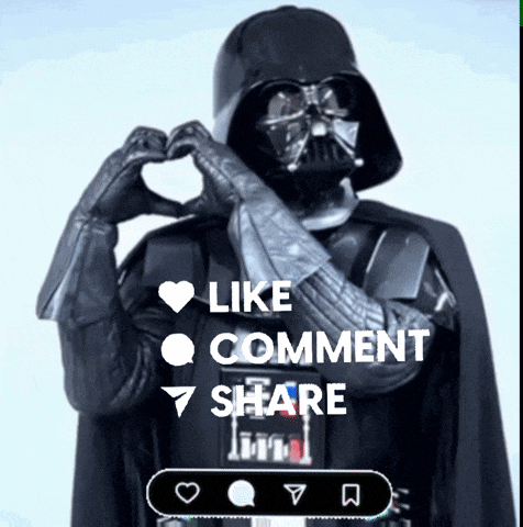 darth vader is making a heart shape with his hands with the words like comment share below him