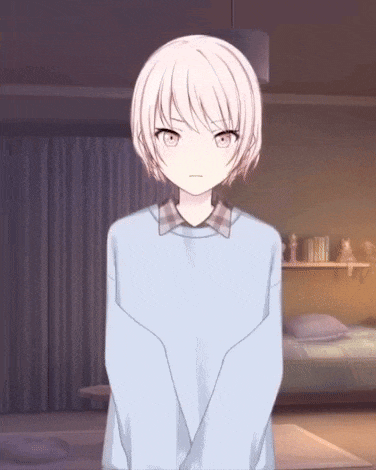 a little girl with white hair is standing in a room with her hands folded .