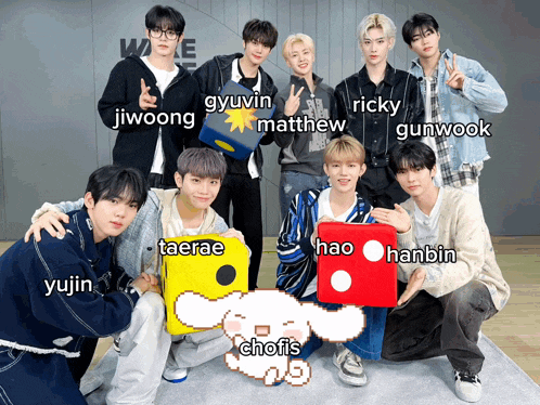 a group of young men are posing for a picture and their names are written in a pixel art style