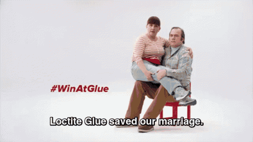 a man is carrying a woman in his arms with the words loctite glue saved our marriage