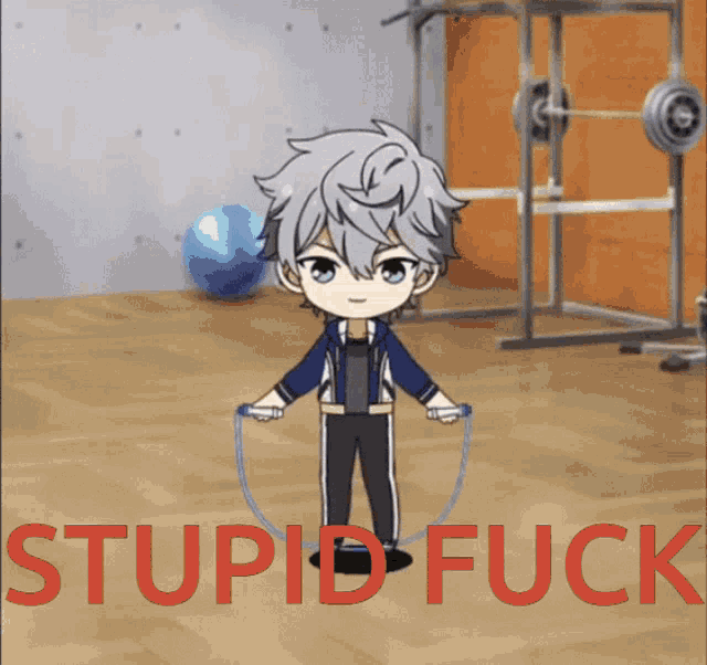 a picture of a boy jumping a jump rope with the words stupid fuck behind him