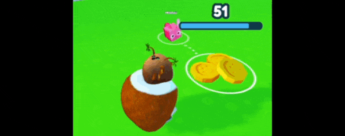 a coconut is sitting on top of a green field in a video game with coins coming out of it .