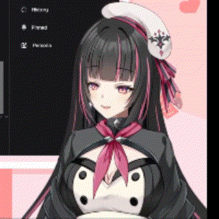 a cartoon girl with long black hair and purple eyes is wearing a hat and a bow tie .