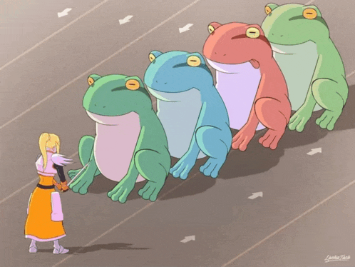 a cartoon of a woman standing next to a row of frogs with the letters lm on the bottom right corner