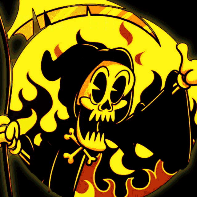 a cartoon drawing of a grim reaper with flames behind him