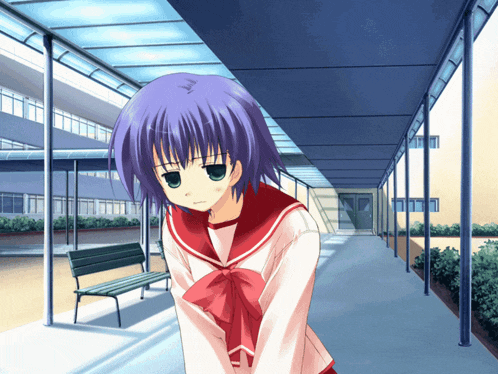 a girl with purple hair stands in a hallway