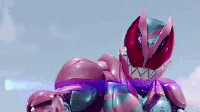 a close up of a pink and purple superhero with a blue background .