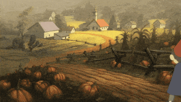 a painting of a pumpkin patch with a fence and a church in the background