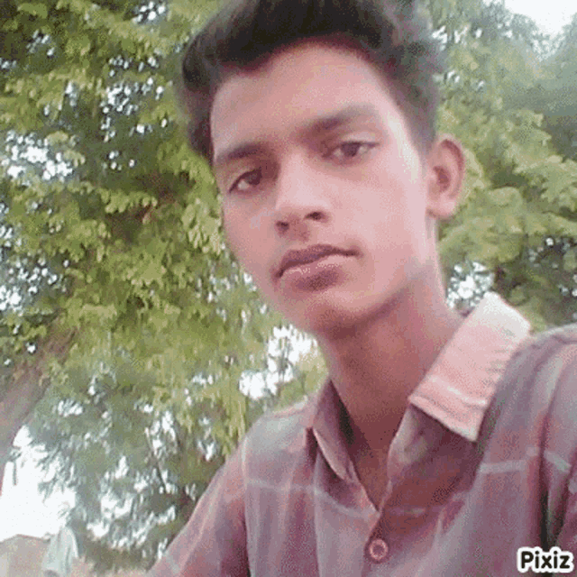 a young man in a plaid shirt is taking a selfie with trees in the background .