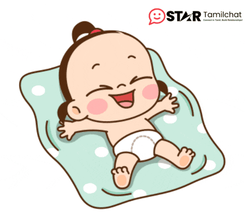 a baby in a diaper is laying on a polka dot blanket with a star tamilchat logo in the corner