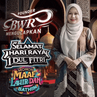 a woman in a hijab is standing in front of a sign that says founder cbwr mengucapkan