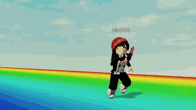 a girl is running on a rainbow in a video game with julia52681 written on the bottom