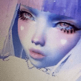 a close up of a woman 's face with a purple wig