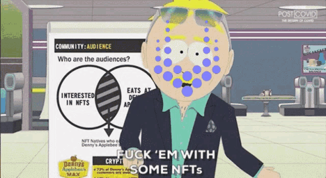 a cartoon character is standing in front of a poster that says community audience