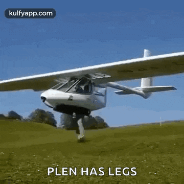 a plane is flying over a grassy field with the words plen has legs written on the bottom